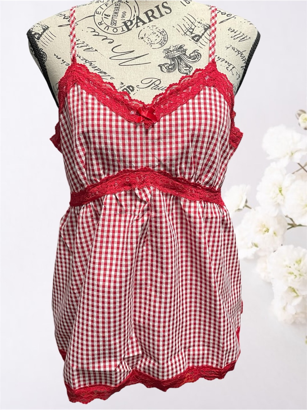 Red Gingham Lace Trim Peplum Cami Top